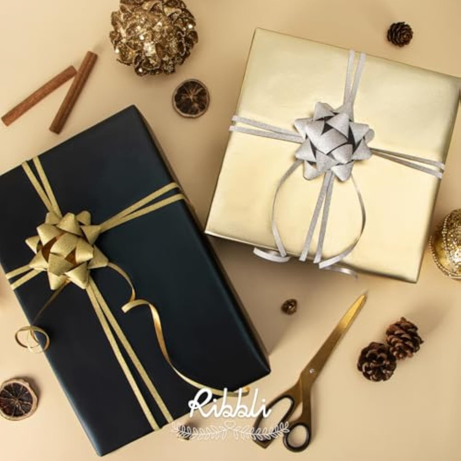 Father'S Day Wrapping Paper Set, 2 Rolls Black And Gold Metallic Matte Solid Color Paper With Curling Ribbon And Gift Bow For Birthday Christmas, Mini Roll 17 Inch X 197 Inch(16 Feet) Per Roll