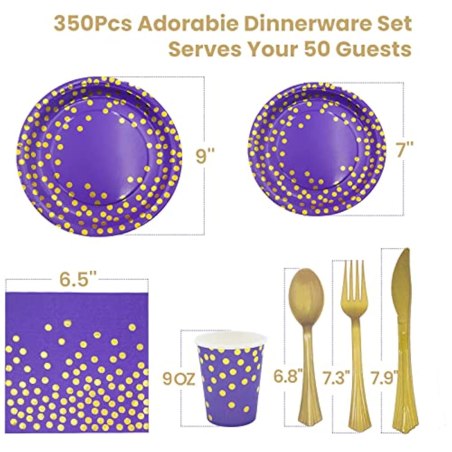 350Pcs Purple Gold Paper Plates Party Supplies For 50 Guests Party Decorations Disposable Dinnerware Paper Plates Cups Napkins Gold Plastic Forks Knives Spoons For Birthday Baby Shower Wedding