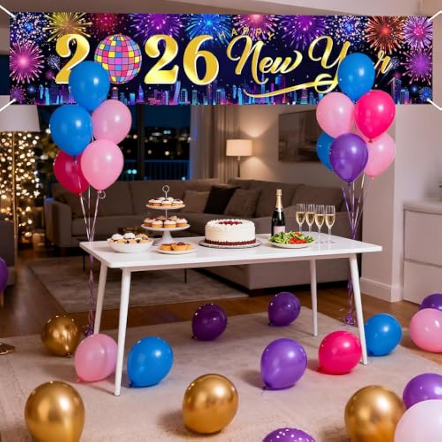 2026 Happy New Year Banner City Night Fireworks Party Backdrop 8x1.6ft