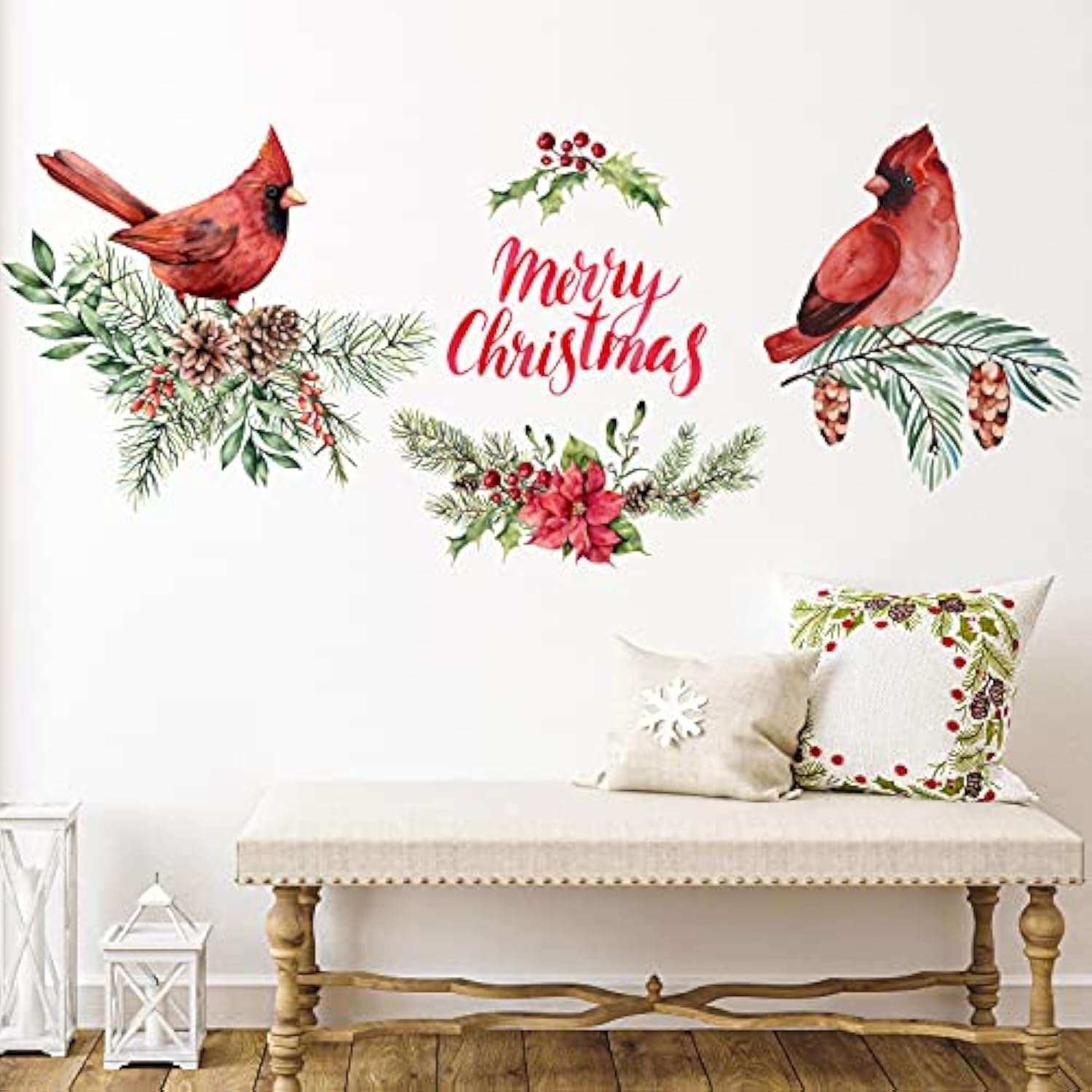 Cardinal Sticker, 4 Pieces, Merry Christmas Wall Decal, Red Bird Vinyl Decal, Pine Cones Window Cling For Wall, Office, Home, Bathroom Decor, Christmas Decoration