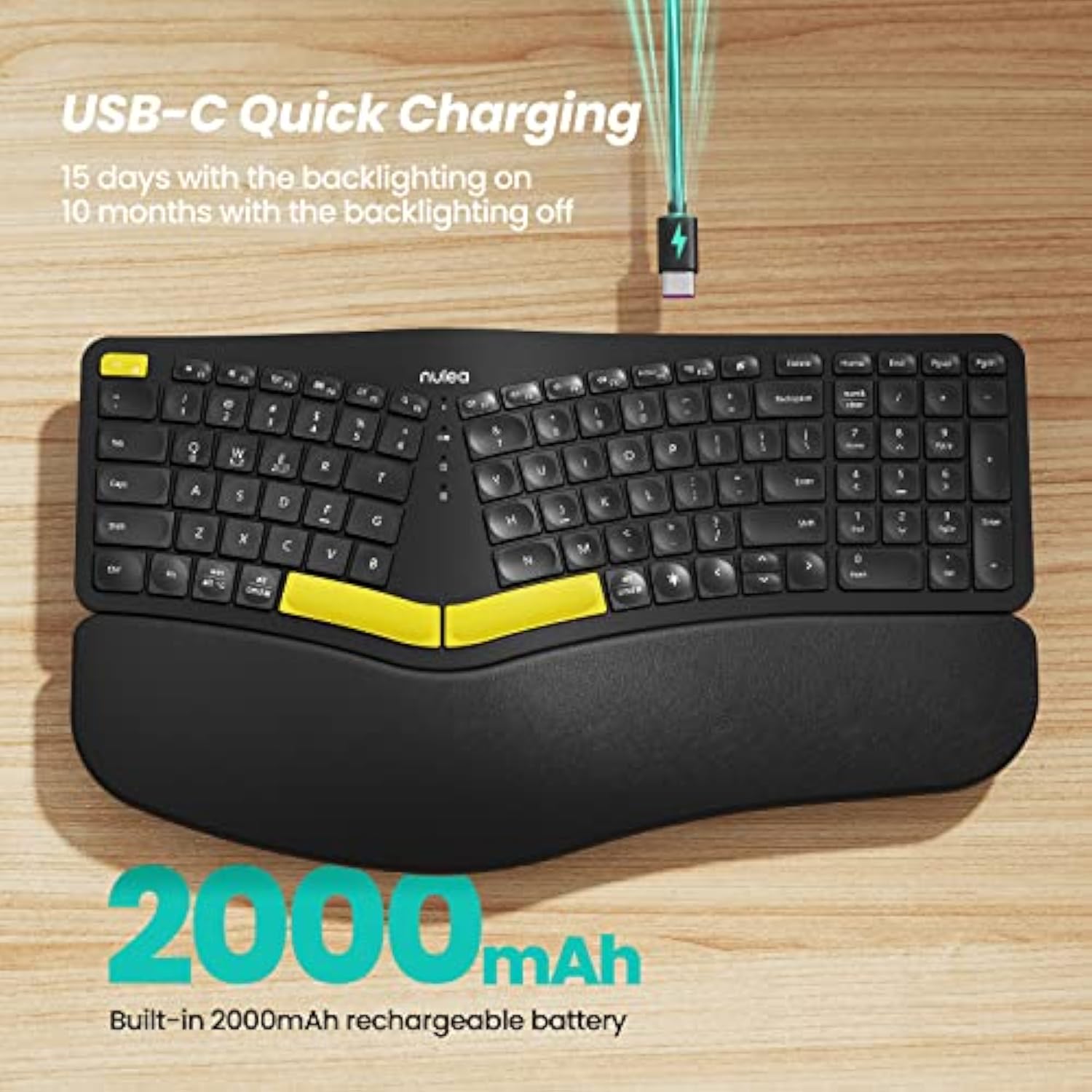 Wireless Ergonomic Keyboard, Split Keyboard With Wrist Rest, Usb-C Charging, 7