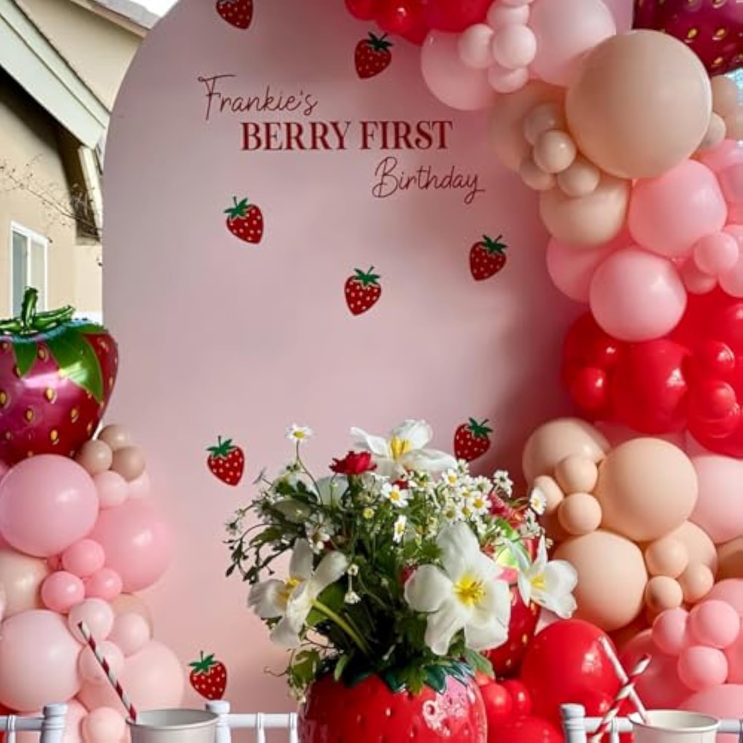 156Pcs Strawberry Balloon Arch Garland Kit With Red Pink Double Layer Apricot Balloons And 18 Inch Strawberry Foil Balloons For Sweet Girl Berry 1St Birthday Baby Shower Party Decorations