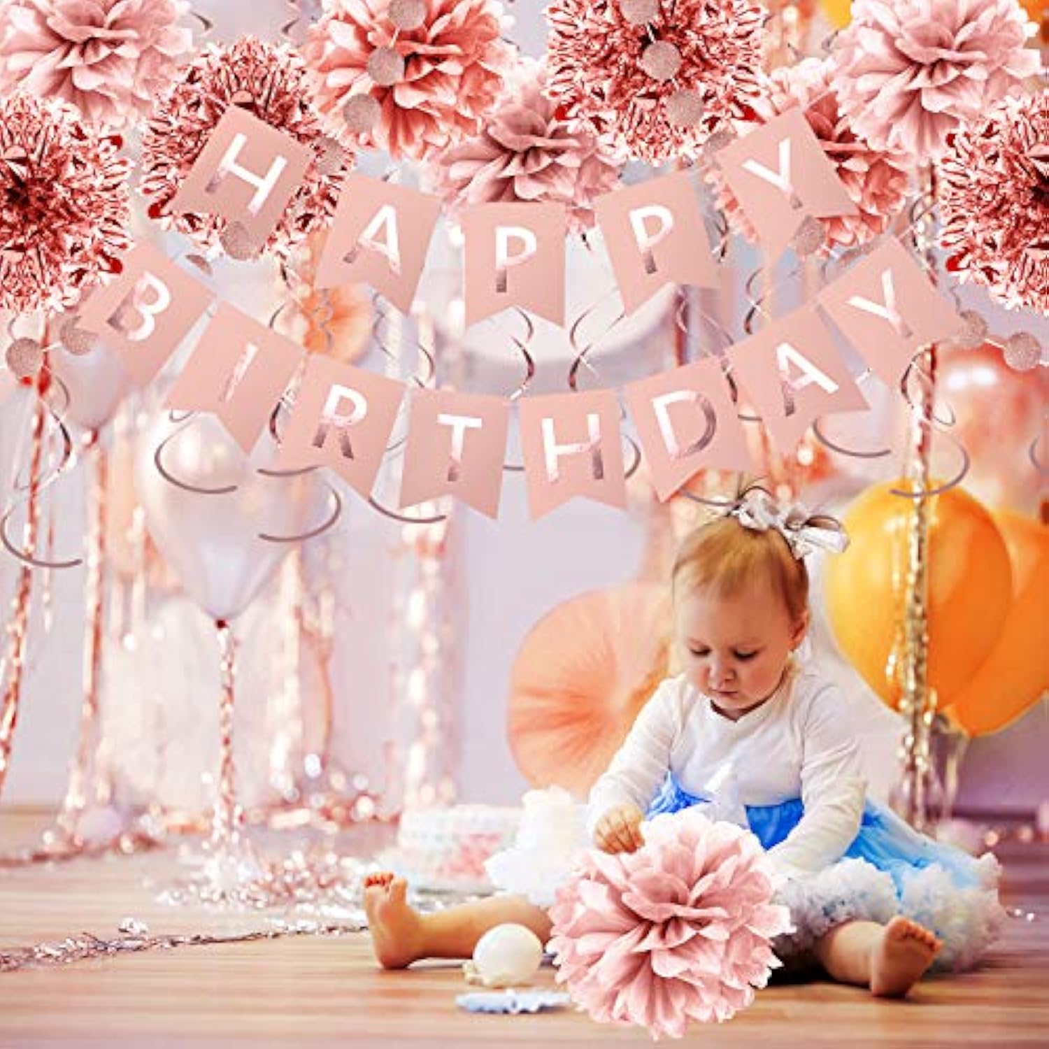 Rose Gold Party Decorations Set - Rose Gold Glittery Happy Birthday Banner, Foil Swirls ,Tissue Paper Pom Poms , Circle Dots Garland For Party Decorations,Girls Birthday