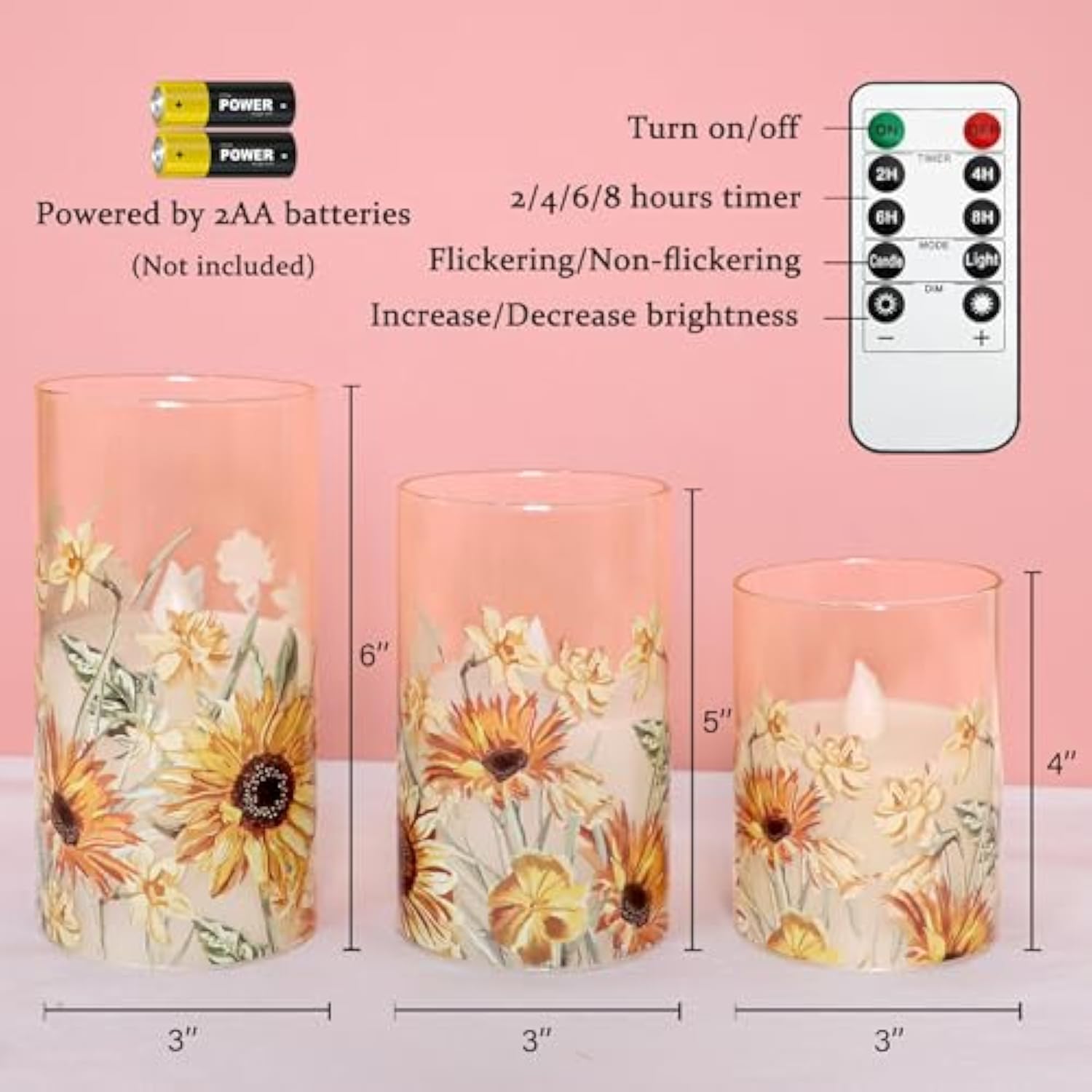 Autumn Sunflower Flameless Candles Remote Real Wax Flickering Battery Operated Glass Candles - Home Party Bedroom Birthday Christmas Summer Fall Decorations