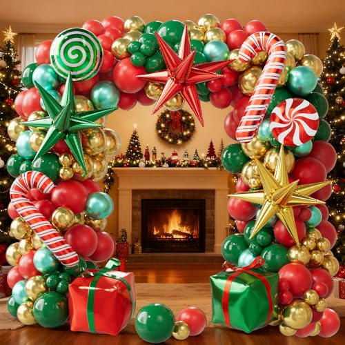Christmas Balloon Arch Kit, 179PCS Red Green Gold Balloon Garland with Candy Cane, Gift Box, Exploding Star Foil Balloons for Christmas Party Decorations, Holiday Backdrop