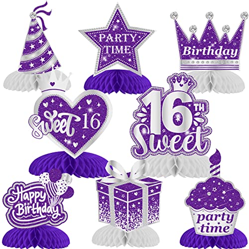 16th Birthday Decorations, 8 PCS 16th Birthday Honeycomb Centerpieces Purple Silver, Happy 16 Birthday Table Centerpiece Table Toppers for Girls Sixteen Years Old Party Table Decorations