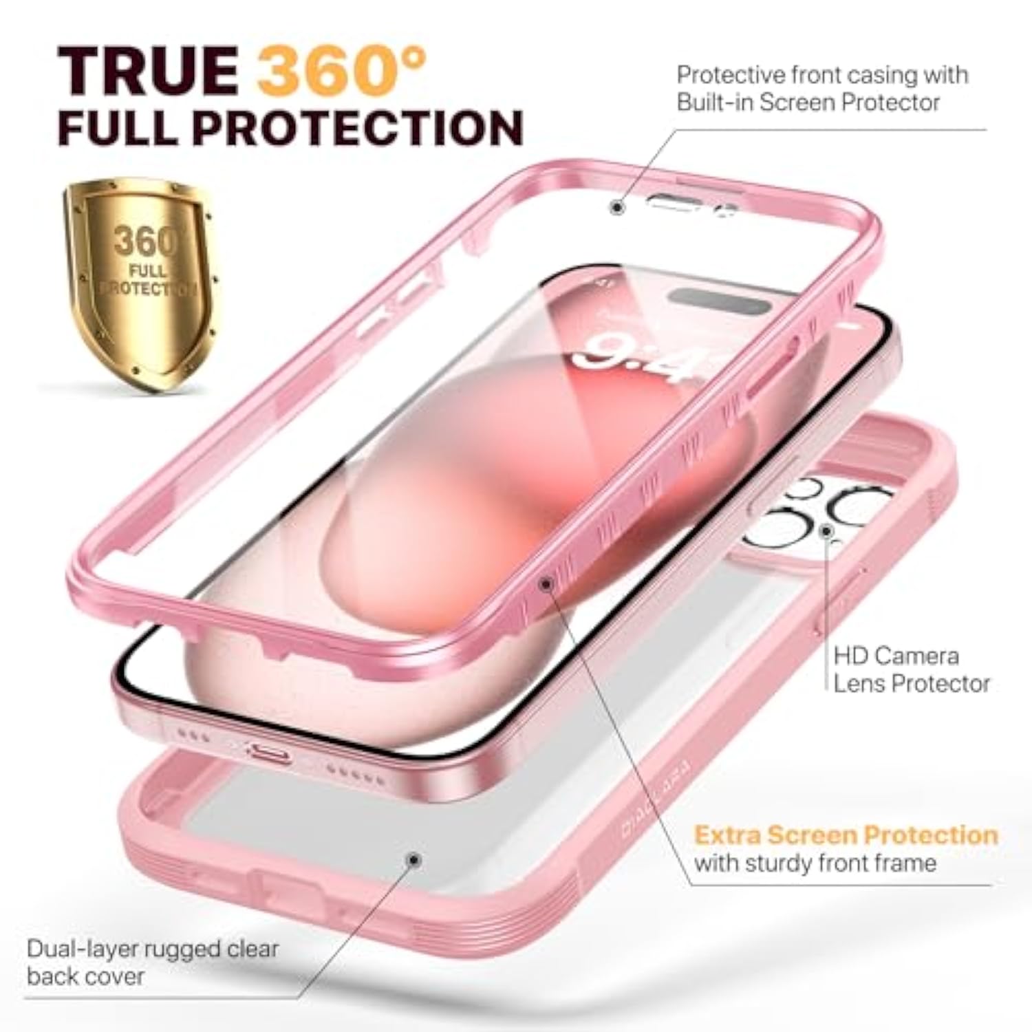 Designed For 15 Case, Full Body Rugged Case With Built-In Touch Sensitive Anti-Scratch Screen Protector, With Camera Lens Protector For 15 6.1" (Coral Pink)