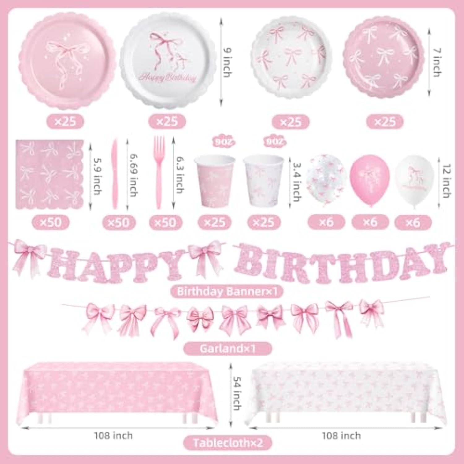 322 Pcs Pink Bow Birthday Decorations (Serves 50), Plates And Napkins Cups Knifes Forks Banner Tablecloth Balloons Bow Theme Tableware For Girls Bachelorette Party Decor