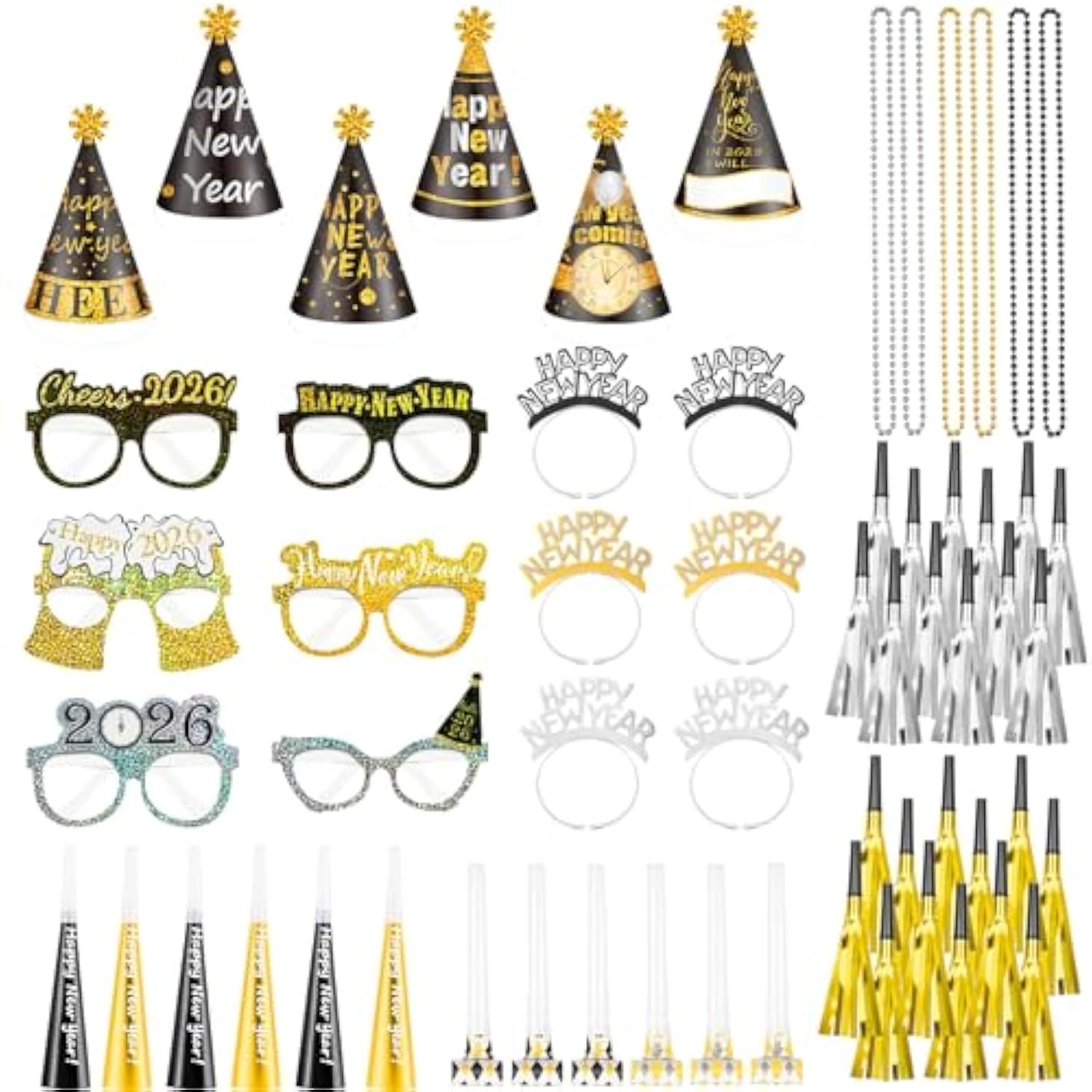 60pcs New Year 2026 Party Supplies Hats Blowers Noise Makers Accessories