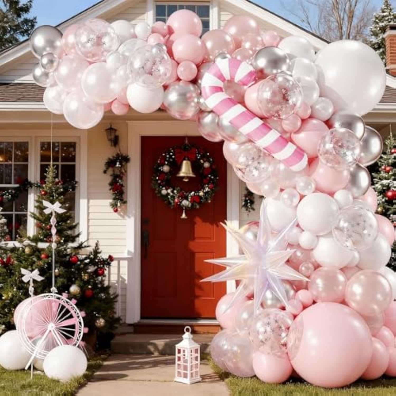 122 Pcs Christmas Balloon Garland Kit with Pink Silver and Foil Snowflake Balloons