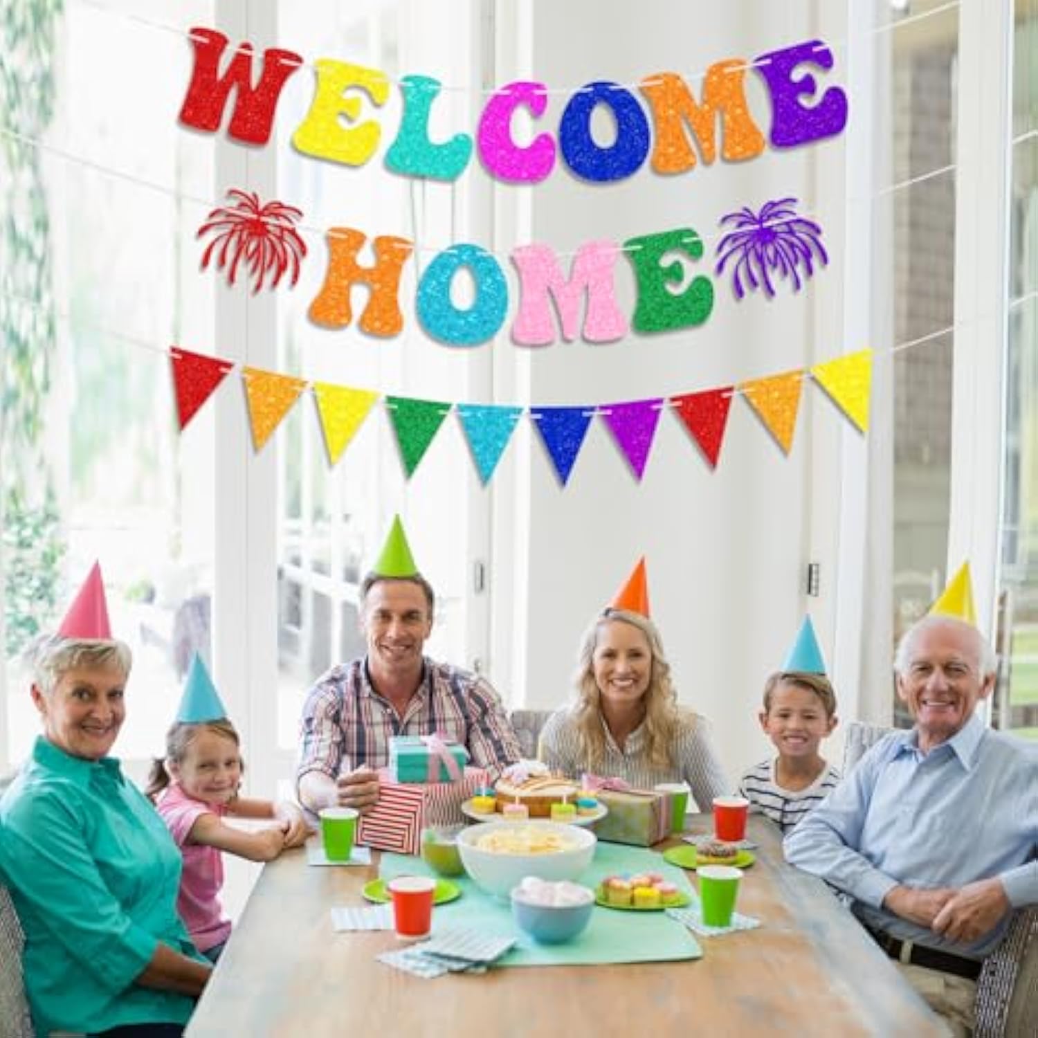 Welcome Home Decorations - Colorful Glitter Paper Welcome Home Banner, Colorful Glittery Pennant Bunting Flag, Housewarming, Homecoming & Military Return Party Decorations