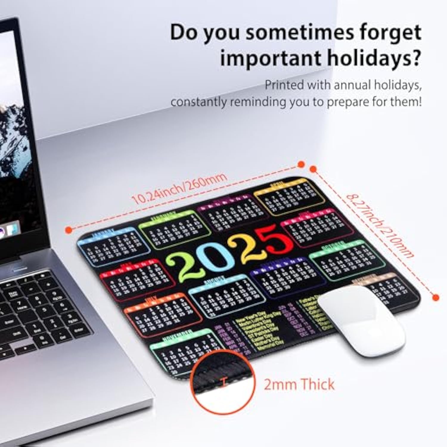 2025 Calendar Mouse Pad With Stitched Edge, 10.2X8.3X0.1 Inch Holidays Mouse Pad With Non-Slip Rubber Base, Quality Creative Mousepads For Computers Laptop Office Outdoor