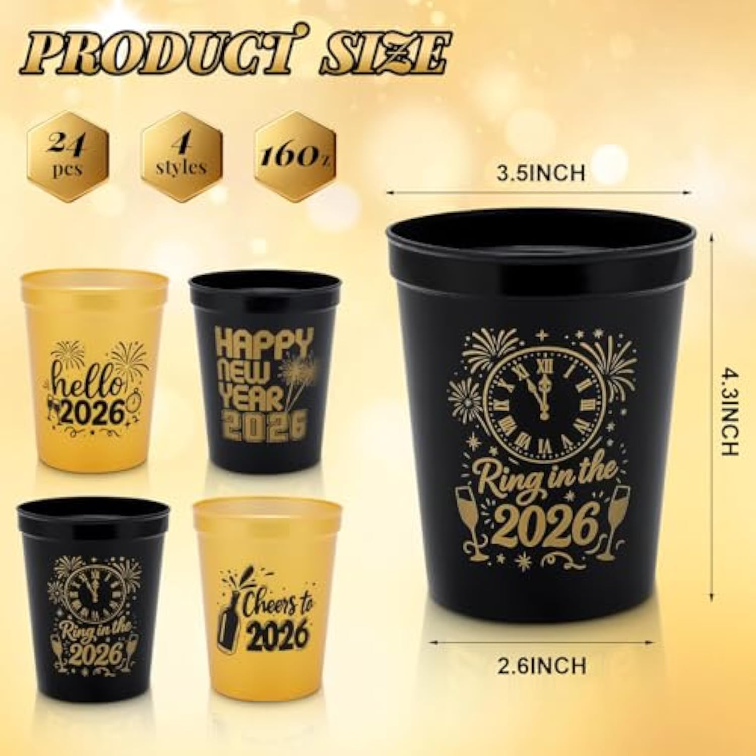 24 Pcs 16 Oz Black Gold 2026 New Year Cups with Paper Straws for Party Celebrations