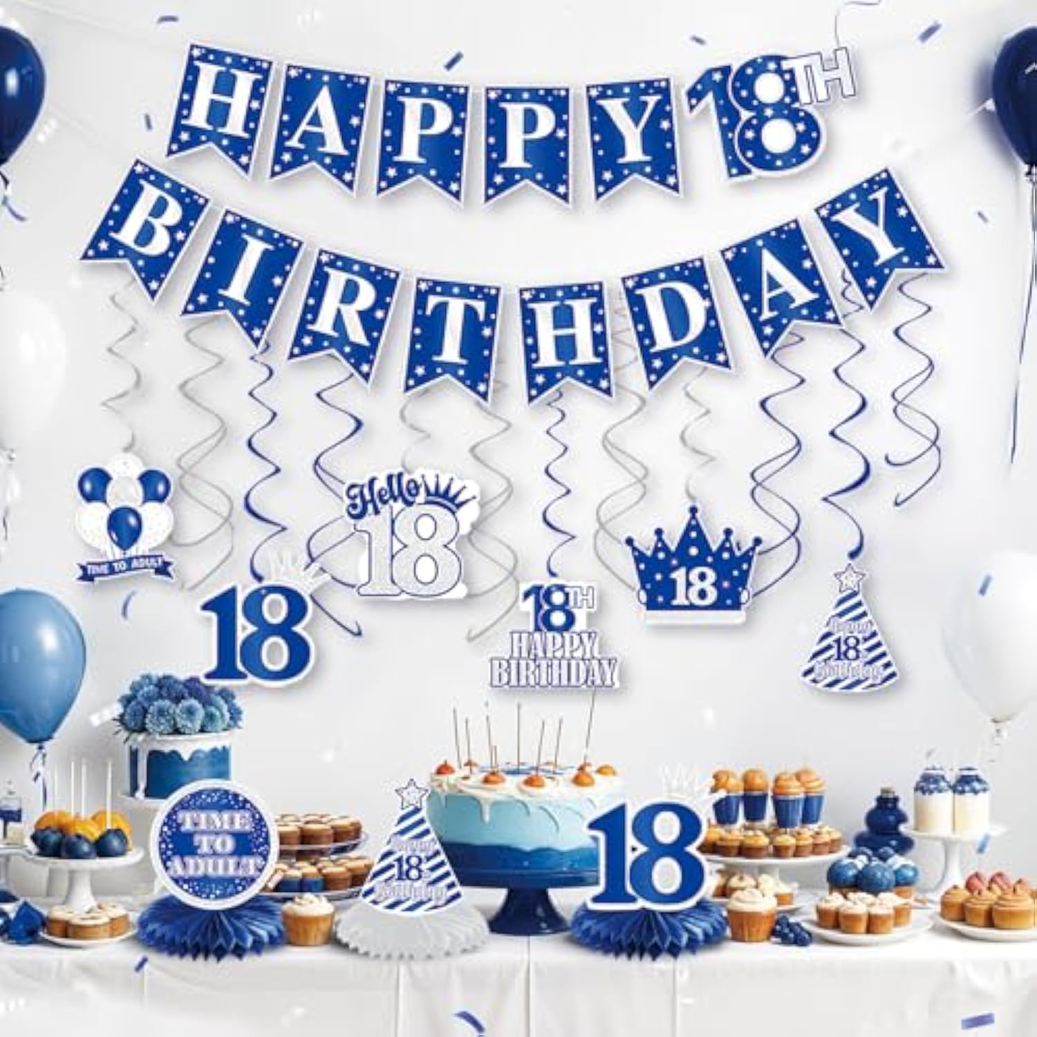 Pre-Strung 18Th Birthday Decorations For Men, Happy 18Th Birthday Banner Hanging Swirls Honeycomb Centerpieces Tabletop Blue, 18 Years Old Party Photo Booth Backdrop Decor Supplies