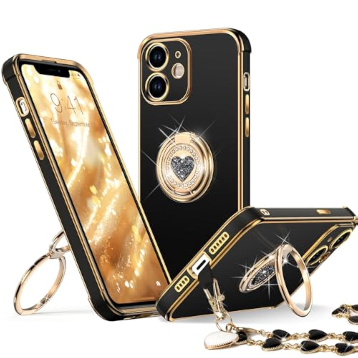 For Iphone 11 Case With Stand, Phone Case With Double Ring Kickstand, Women Girls Bling Luxury Protective Case Heart For Iphone 11, Black