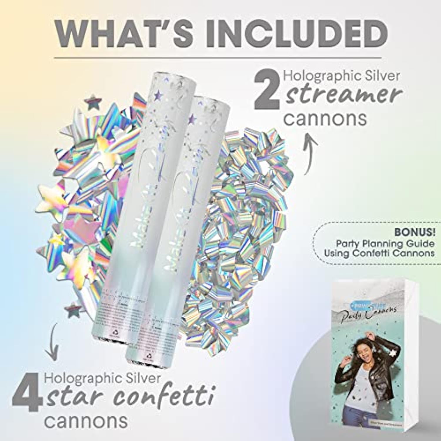 6pcs Confetti Cannon Party Poppers Holographic Silver Stars for NYE 2026