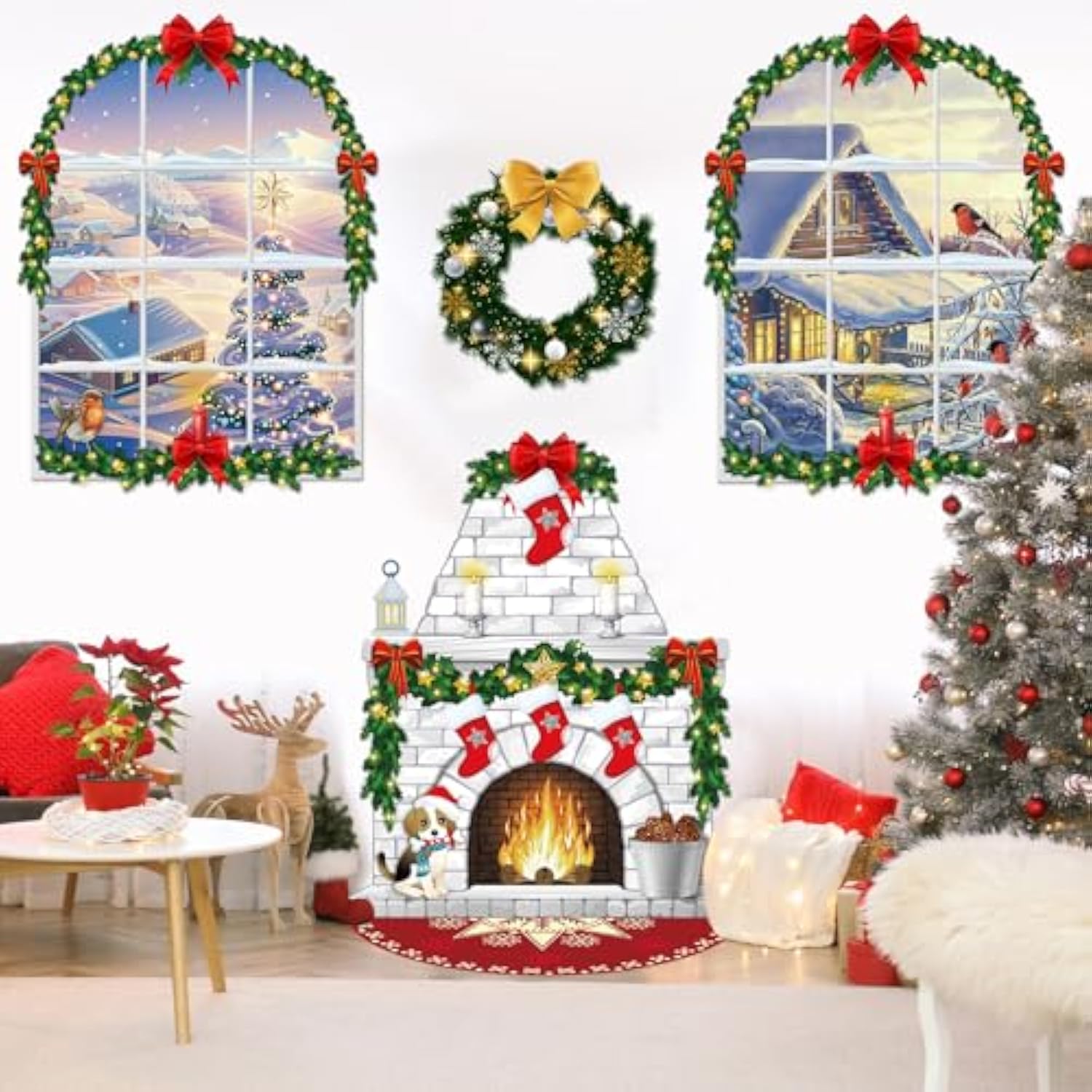 Christmas Wall Decor Fireplace Backdrop Decorations Photo Background Window Winter Christmas Tree Wreath Backdrop For Home Halloween Birthday Party Decor(Trendy)