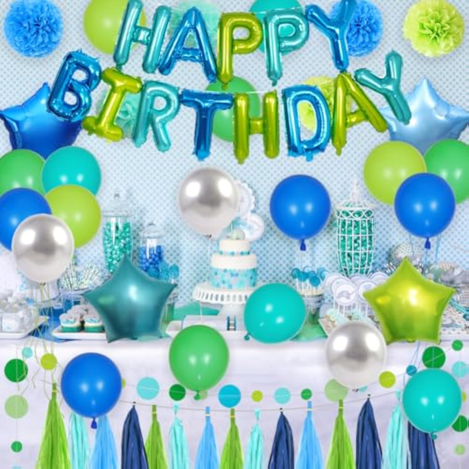 Blue And Green Birthday Decorations - Teal Blue Happy Birthday Banner, Mermaid Ocean Bubble Circle Dot Garland, Tissue Flowers, Tassels Garland, Balloons For Girls Boys Women Men Party Supplies