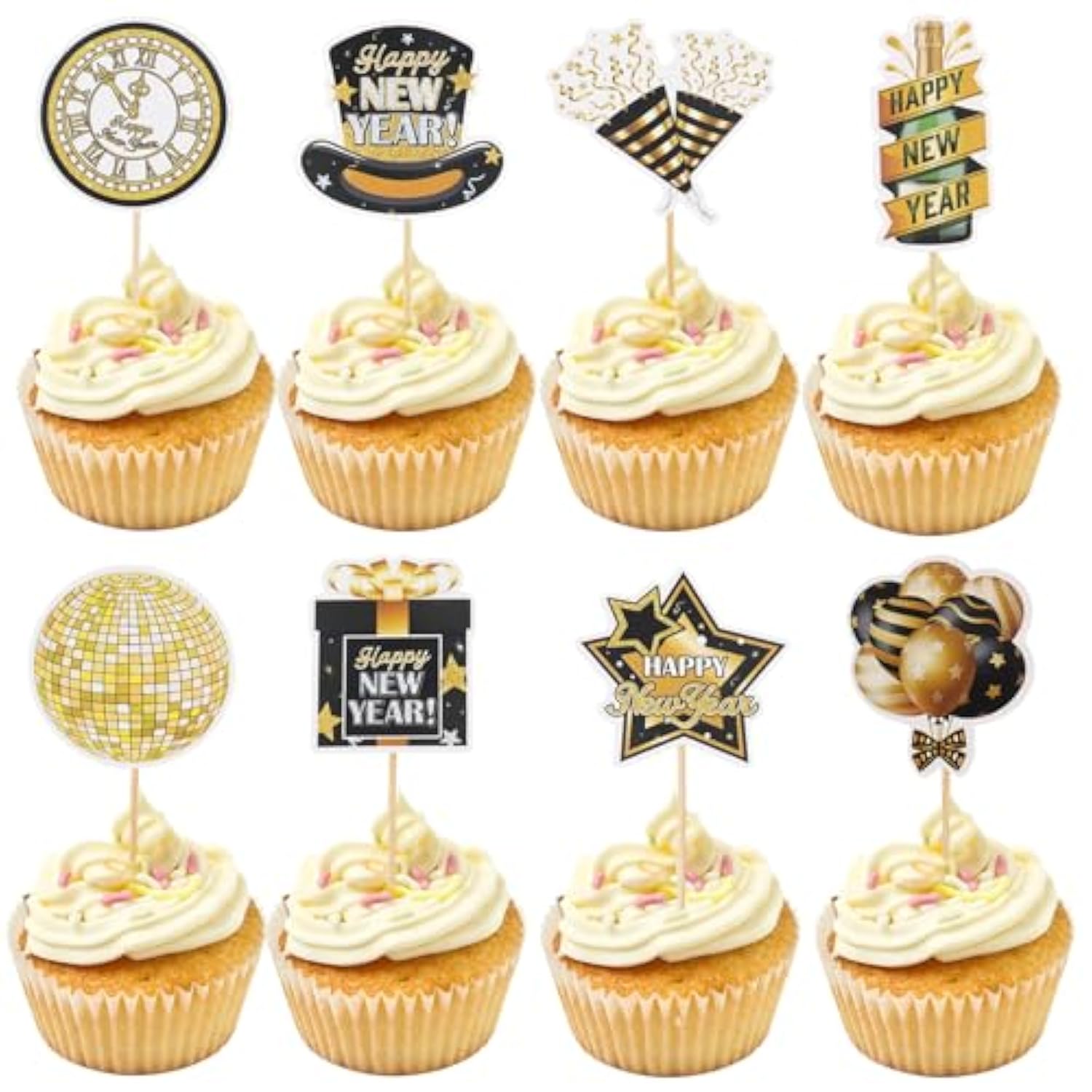 24 Pcs Black & Gold 2026 New Year Cupcake Toppers 8 Designs