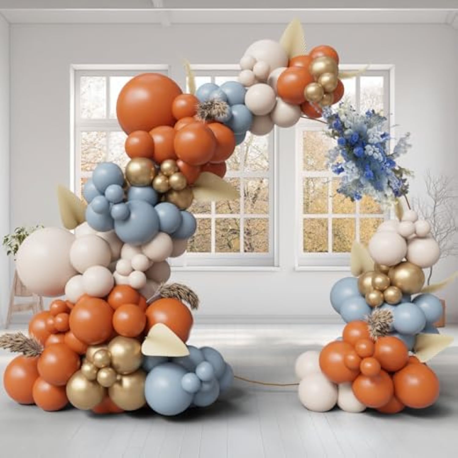 145PCS Fall Balloon Arch Kit with Dusty Blue Orange White Gold Balloons for Party