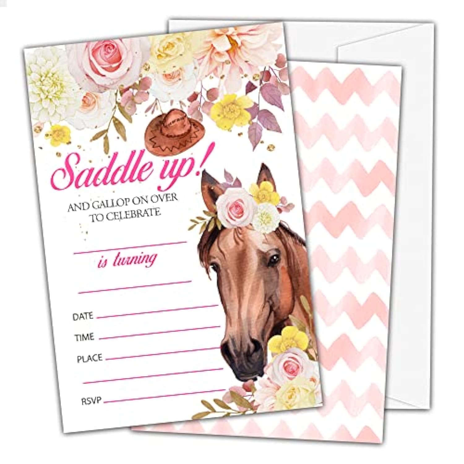 Pony Horse Birthday Invitations, Floral Horse Farm Theme Birthday Party Invitations For Girls Kids, Fill In Birthday Party Invites, Decorations, Favors, 20 Invitations With Envelopes (Ha12)
