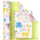 Reversible Baby Shower Wrap - 17"x33' - Animal & Baby Design Gift Paper