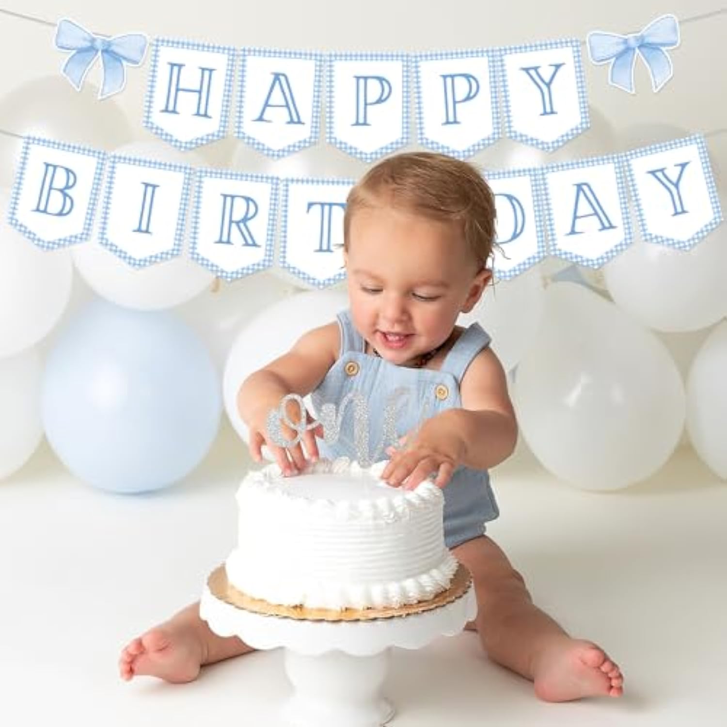 Blue Gingham Coquette Bow Theme Party Banner - Neutral Preppy Grandmillennial Decoration For 1St Birthday