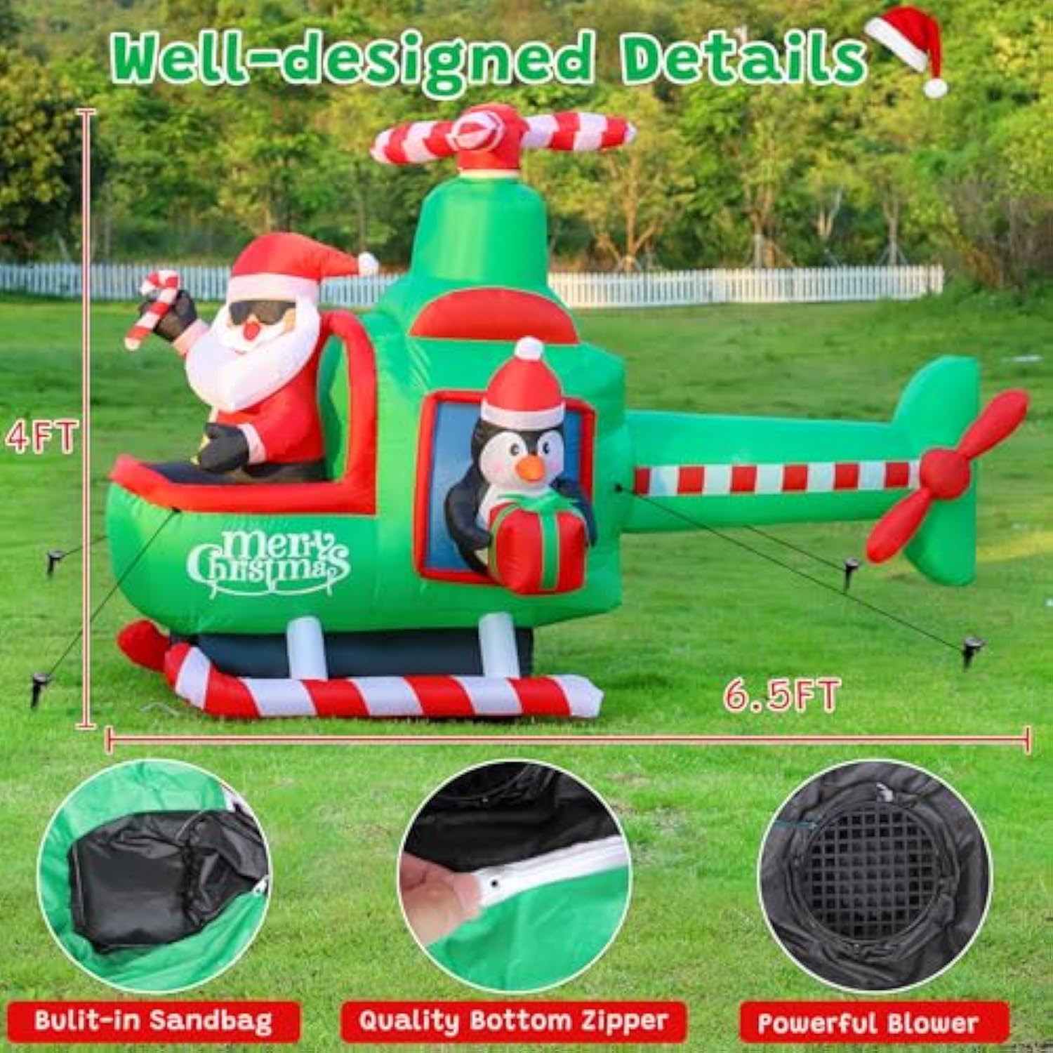 6.5Ft Christmas Inflatable Santa Claus On Helicopter Outdoor Decorations With Bright Led Lights, Christmas Blow Up Santa