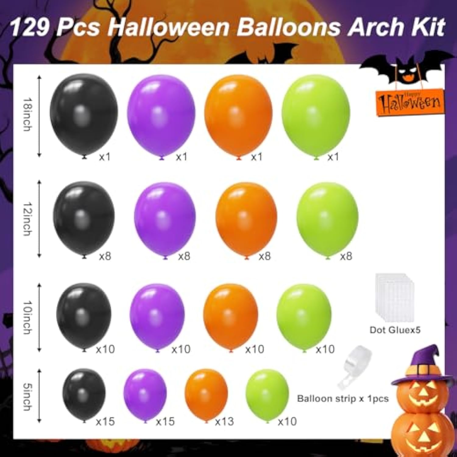 129Pc Halloween Balloon Arch Kit – Black, Orange, Purple & Green Garland