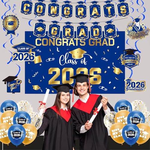 Graduation Decorations 2026 Blue Gold Themed Set - Congrats Grad Banner, Class of 2026 Backdrop, Balloons & Streamers Kit - Complete Party Supplies for High School & College Celebrations