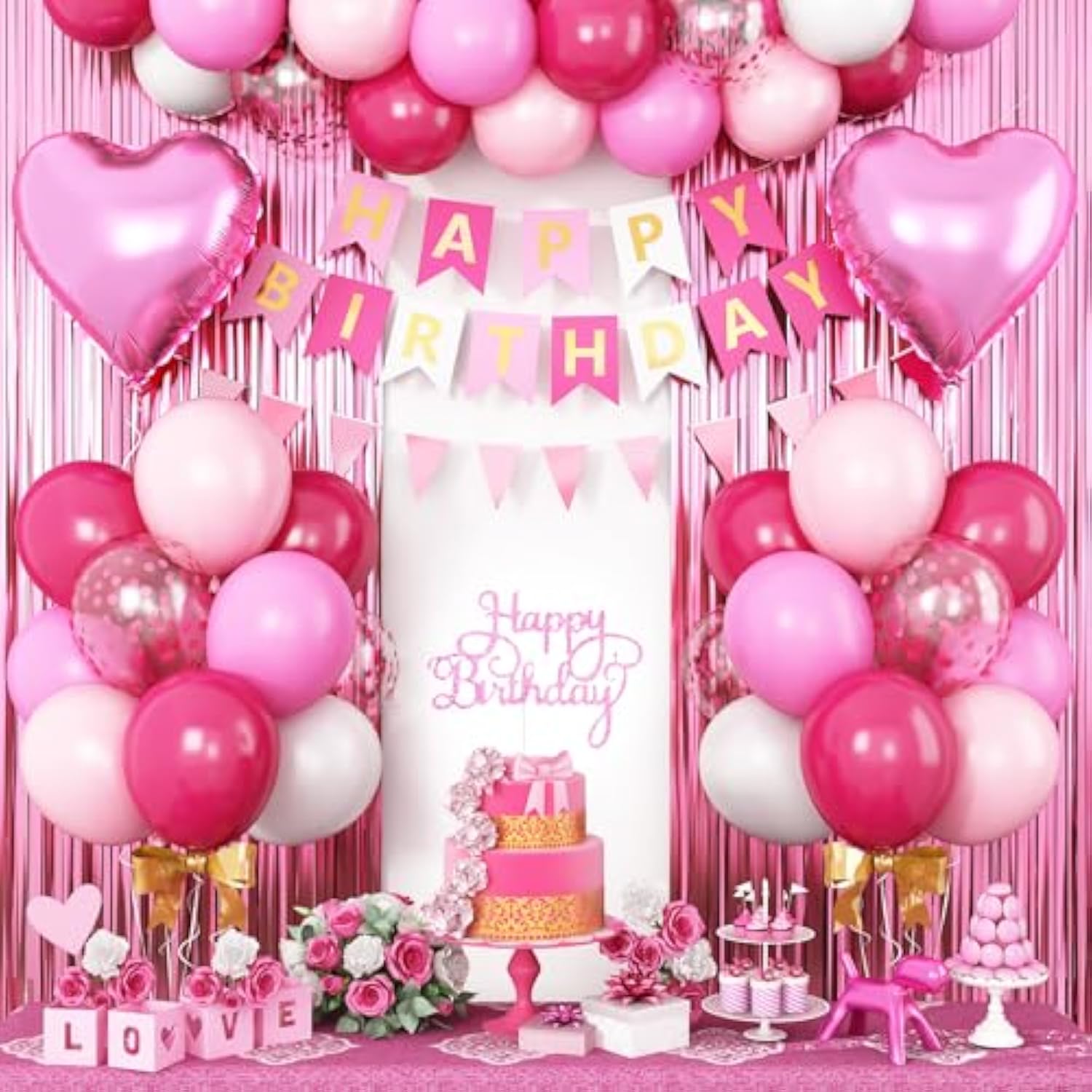 37pcs Hot Pink Birthday Kit with Banner, Fringe Curtain & Heart Foil Balloons