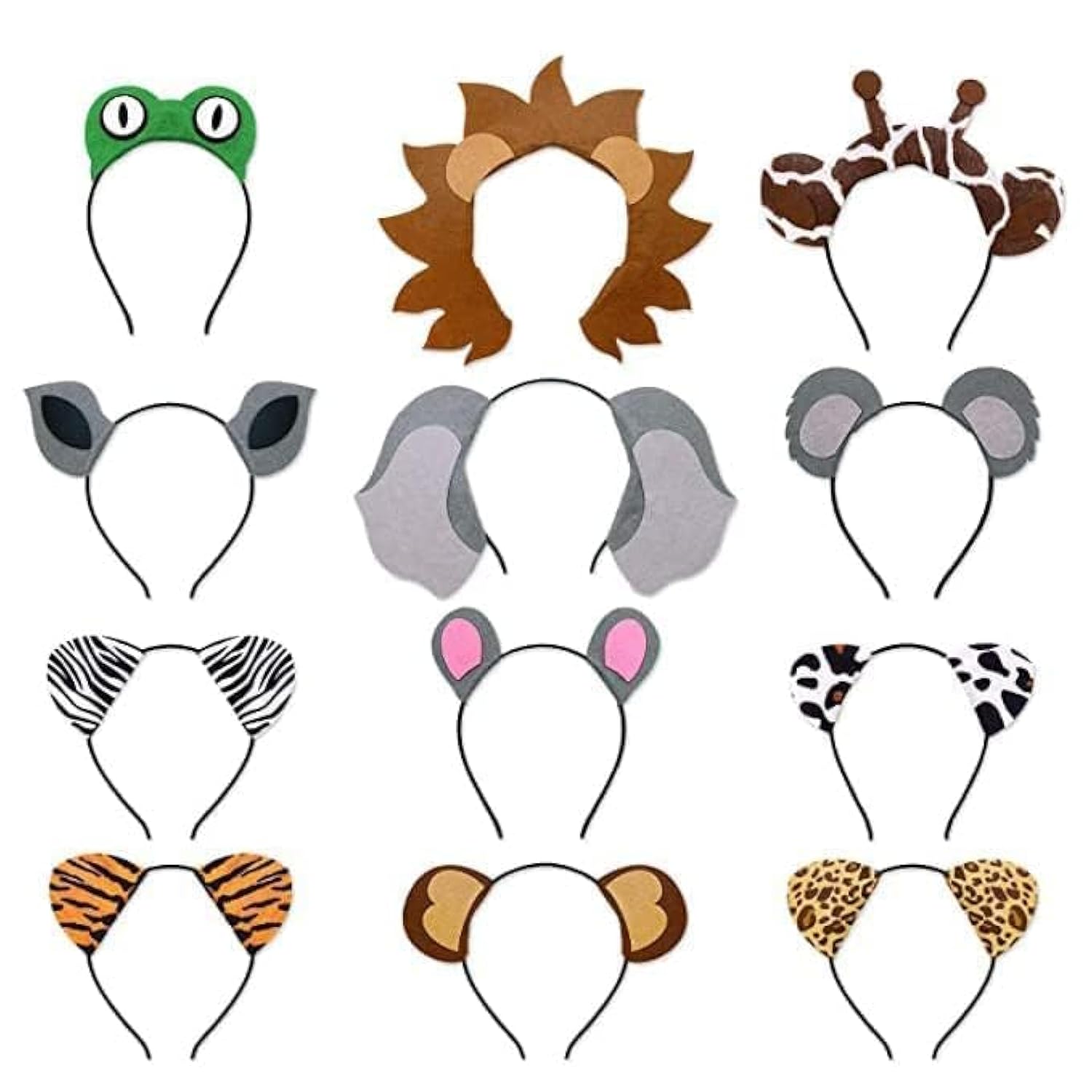 12Pcs Jungle Animal Safari Headbands With Animal Hair Hoops - Photo Booth Props, Party Favors And Decorations For Kids And Adults