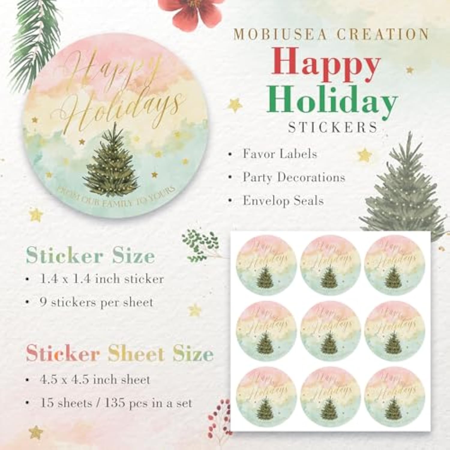 Watercolor Happy Holidays Stickers | Envelope Seals | 1.4 Inch | 135-Pack | Waterproof | Gold Foil | Pink Yellow And Green Watercolor Christmas Stickers Christmas Tree And Stars