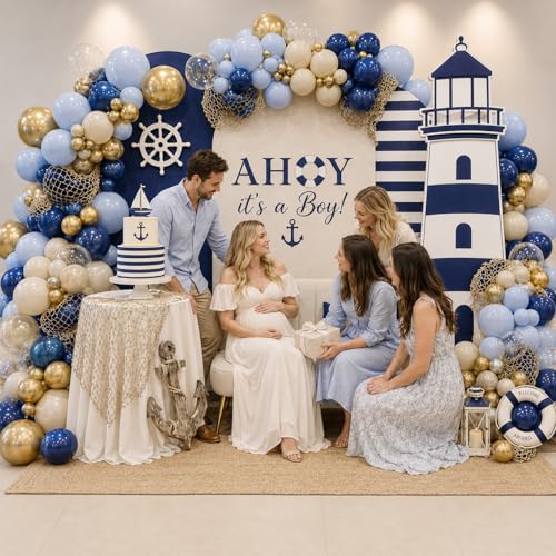 Nautical Balloon Arch Kit, 108 PCS Navy Blue Sand White Gold Clear Balloon Garland for Nautical Theme Baby Shower It’s a Boy Sailor Birthday Anchor Sea Sailing Cruise Ocean Animals Party Decorations