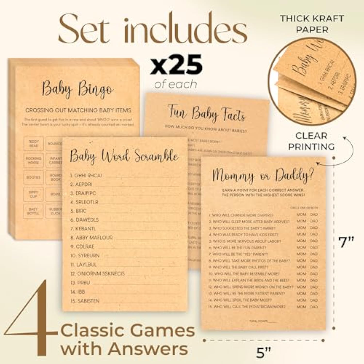 Bingo Baby Shower Games For Girl - Baby Shower Bingo Cards For Guests, Word Scramble Mommy Or Daddy Game, Funny Boys Babies Showers Activities