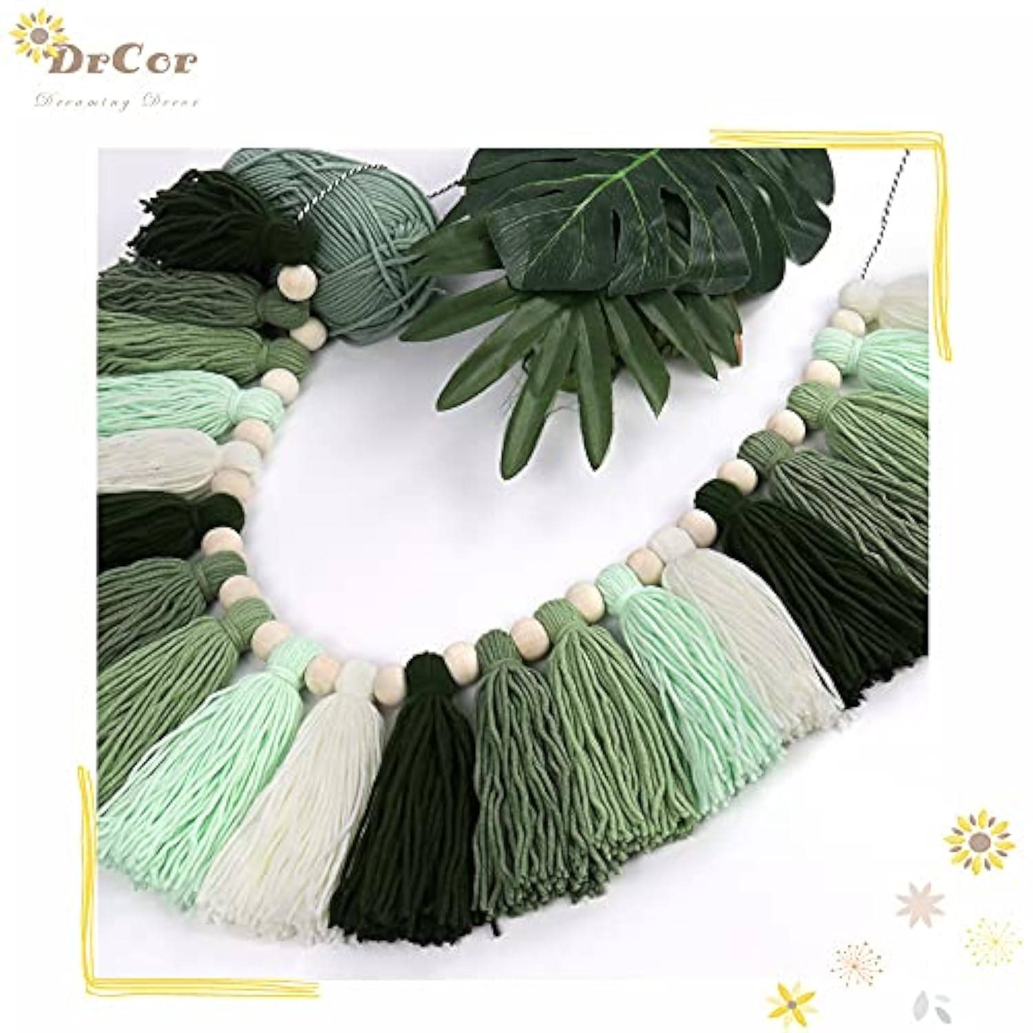 15ft Sage Green Gradient Tassel Garland Handmade Yarn Banner Home Decor