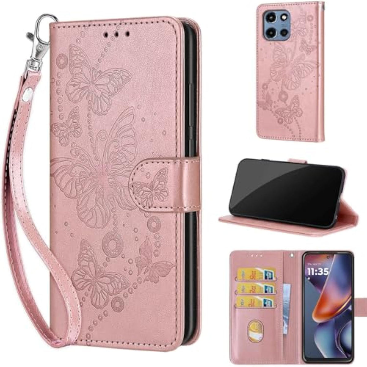 Designed For Motorola Moto G 5G 2025 Case Wallet,Women Flip Folio Cover With Embossed Pu Leather Stand Credit Card Holders Slots Wrist Strap Phone Case For Motorola Moto G 2025 (Rose Gold Butterfly)
