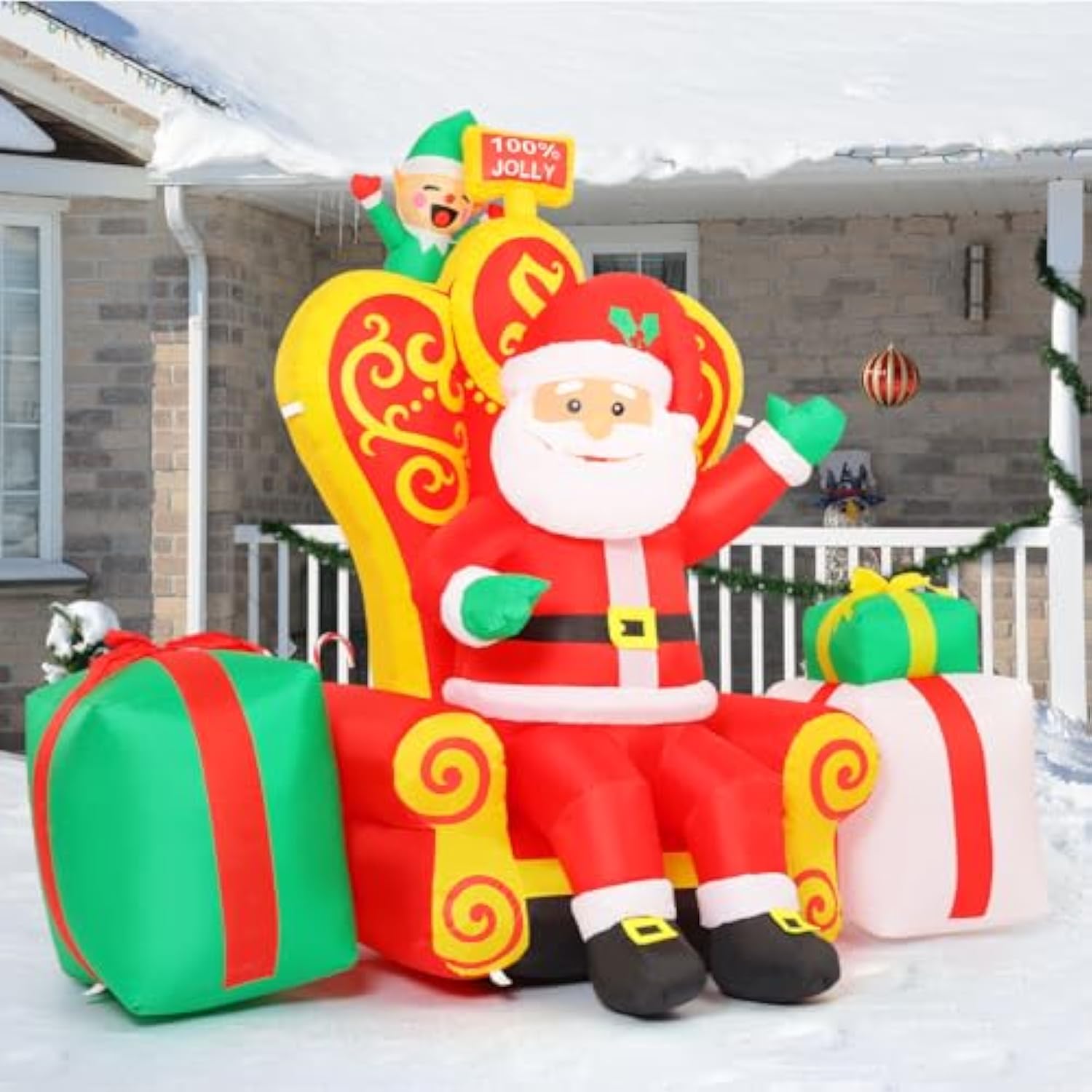 7 Ft Long Christmas Inflatables Santa Outdoor Decorations Blow Up Yard Elf Gift Box With Built-In Leds For Indoor Party