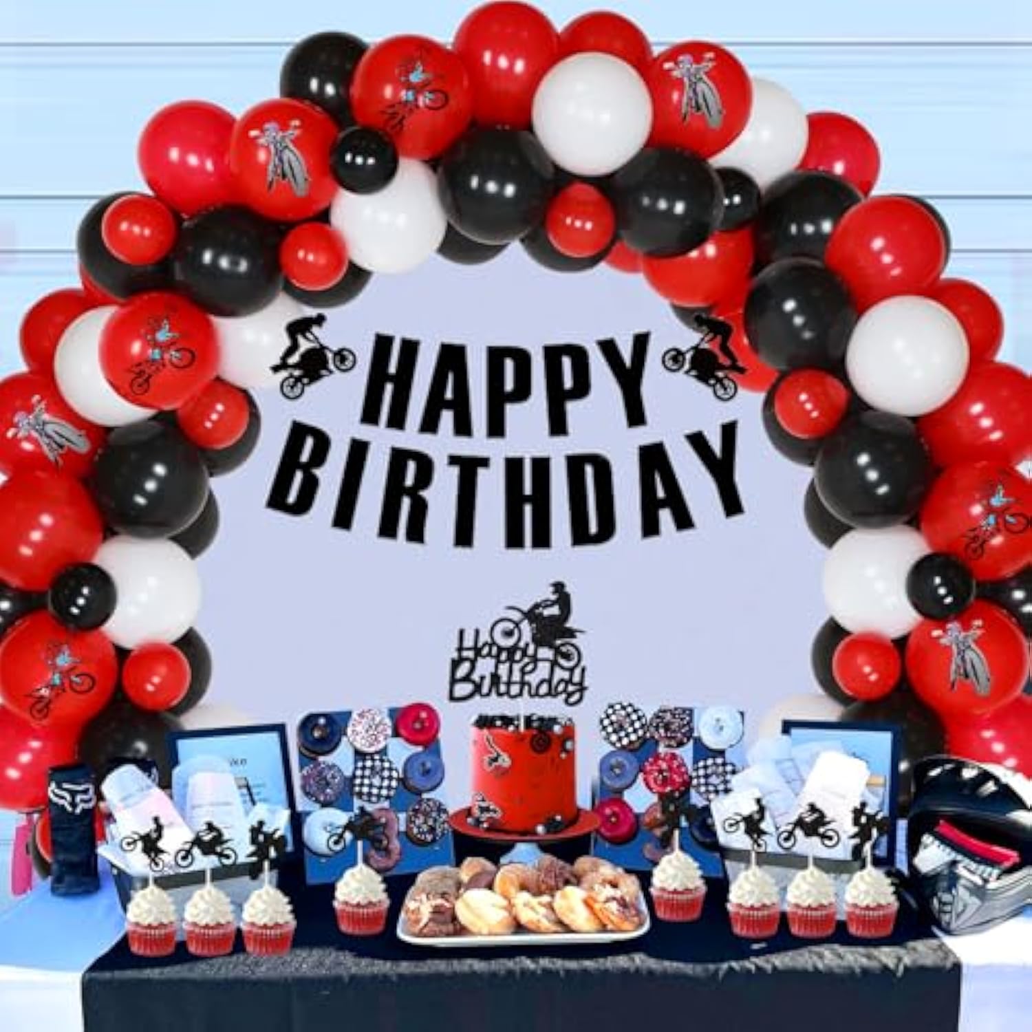 Dirt Bike Birthday Decorations For Boys - Red Black Balloon Garland Arch Kit With Happy Birthday Banner Cake Topper, Motorcycle Cupcake Toppers For Motocross Theme Party Supplies