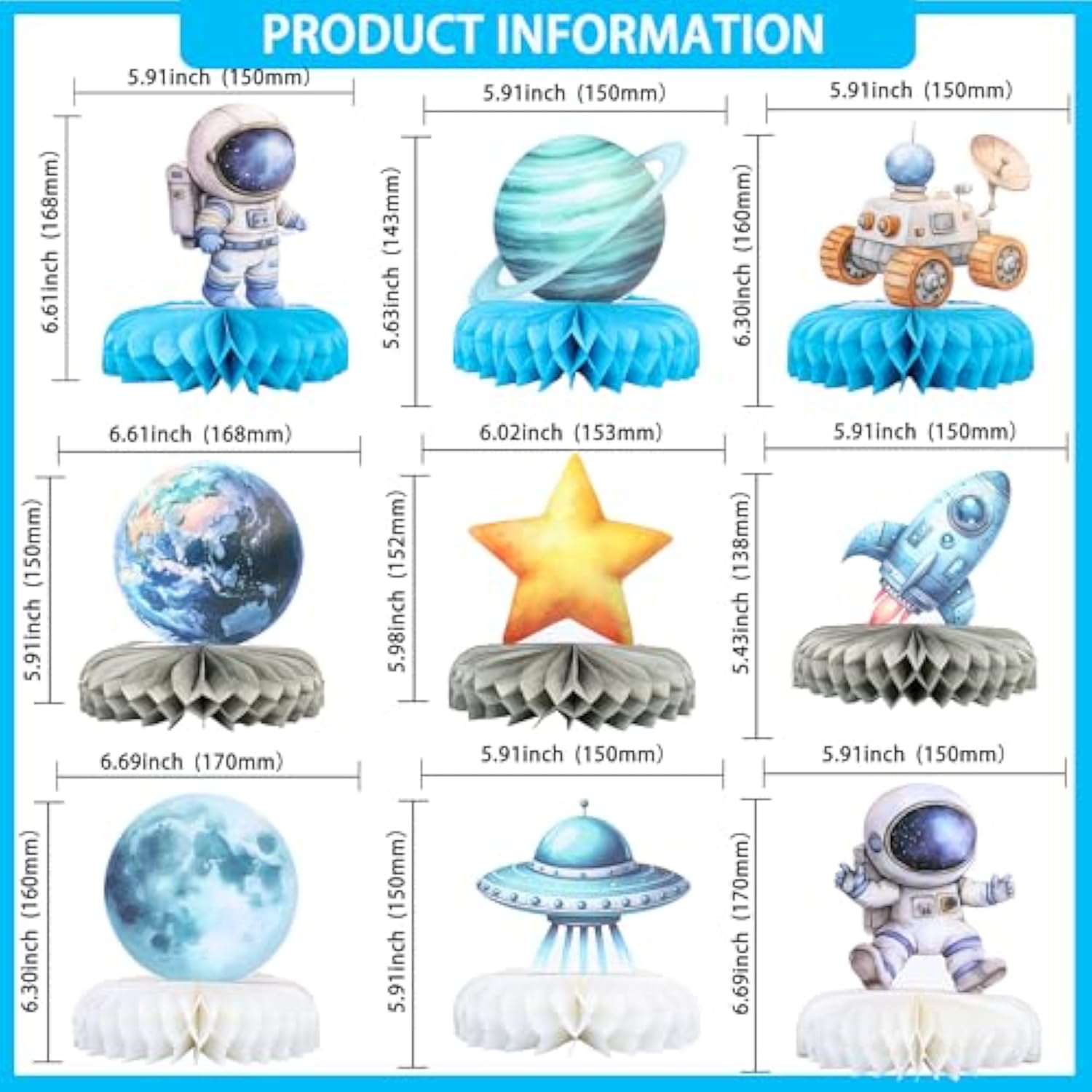 9pcs Outer Space Birthday Honeycomb Centerpieces - Galaxy & Astronaut Decor