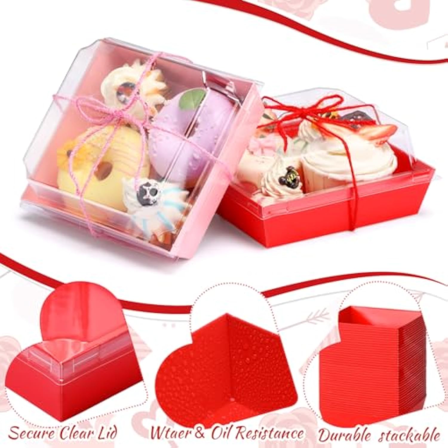 80 Pack Valentine Charcuterie Boxes With Clear Lids And Rope 5" Disposable Square Dessert Pink Red Food Box Cookie Boxes Containers For Valentine Party Favor Cake Sandwich