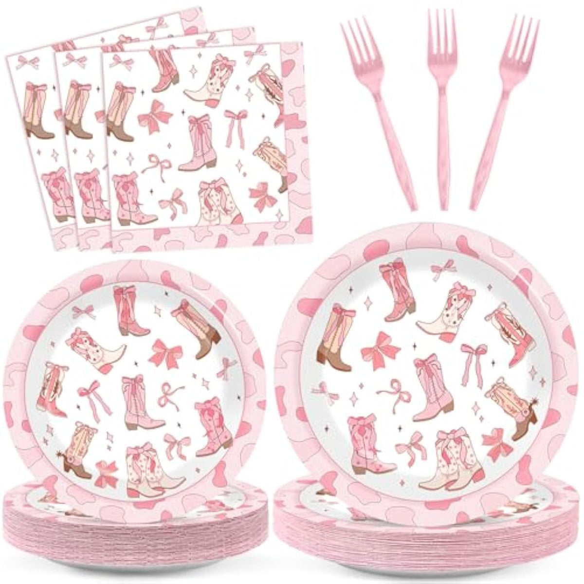 96Pcs Coquette Bow Cowgirl Happy Birthday Party Supplies Western Cowgirl Plates And Napkins Disposable Pink Bowknot Rodeo Tableware Bachelorette For Kids Set Decorations Favors Baby Shower Serve 24