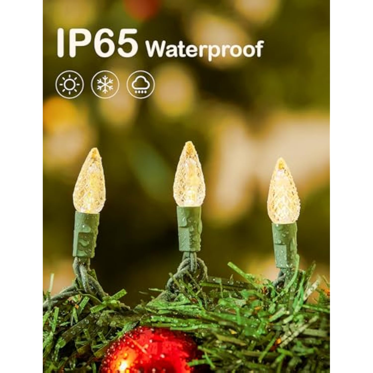 Christmas Lights Outdoor, Faceted C6 17Ft 50 Led String Lights Plug In, Extendable Green Wire Warm White Christmas Strin