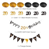 20th birthday kit with black-gold banner, bunting, swirls & triangle flags