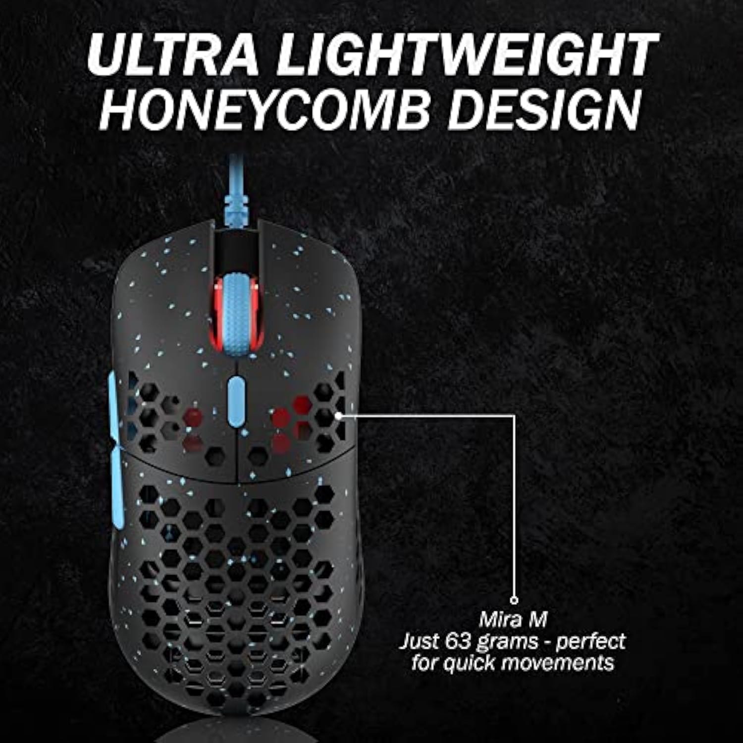 Mira M Ultra Lightweight Rgb Gaming Mouse | Honeycomb Shell | 63 Grams | Max 12000 Cpi | Usb Wired | 6 Programmable Buttons | On-Board Memory | Anti Slip Grips | Mira-M Blue Phantom