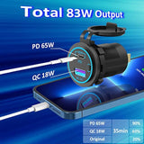 83W12V Usb Outlet 65W Usb C For Laptop Car Charger Socket Quick Charge3.0 18W With Power Switch Long Body Waterproof Adapter For Car Boat Marine Truck Golf Rv