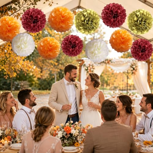 Tissue Paper Pom Poms Party Decorations Burgundy Gold Orange Ivory Paper Flower Balls Hanging Paper Pom Pom Flowers for Fall Wedding Bridal Shower Birthday Thanksgiving Autumn Party Backdrop Decor