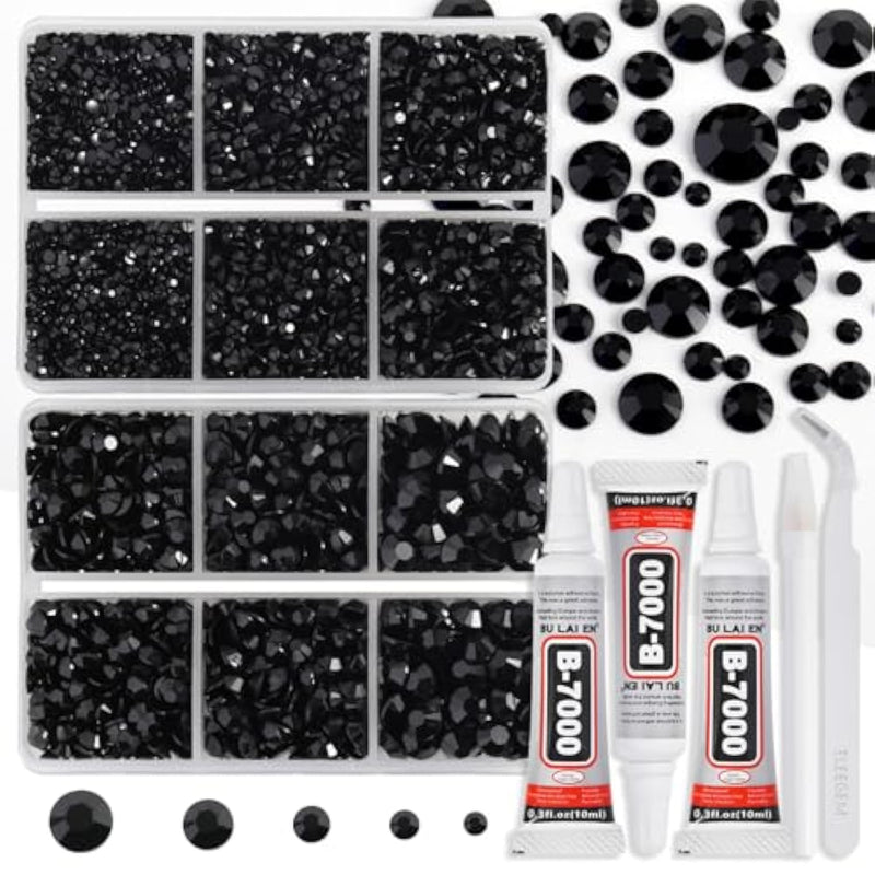 Resin Rhinestones Kit For Crafts,8400 Pcs Black Flatback Rhinestones Mixed 5 Sizes 2Mm-6Mm With B7000 Glue Tweezers And Wax Pencil For Fabric Tumblers And Clothes