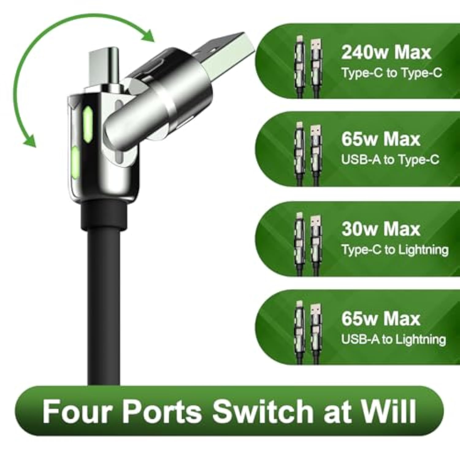 240W 4-In-1 Multi Fast Usb Charging Cable With Breathing Light, Usb A Type C Lightning Cable For Iphone 16 15 14 13 12 11 Pro Max Ipad Samsung Galaxy Macbook Ipad Tablets & More (6Ft, Black)