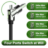 240W 4-In-1 Multi Fast Usb Charging Cable With Breathing Light, Usb A Type C Lightning Cable For Iphone 16 15 14 13 12 11 Pro Max Ipad Samsung Galaxy Macbook Ipad Tablets & More (6Ft, Black)